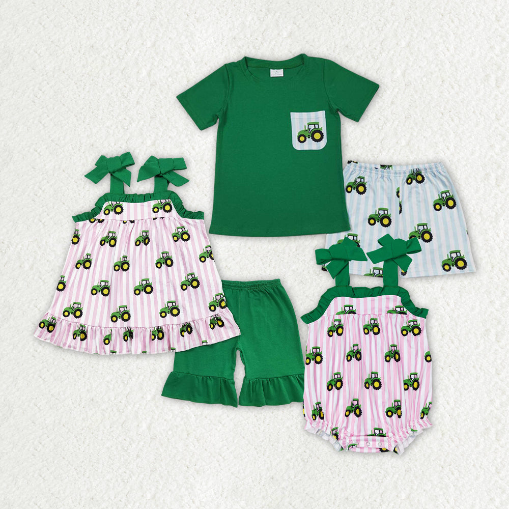 Baby Girls Boys Sibling Tractors Rompers Clothes Sets