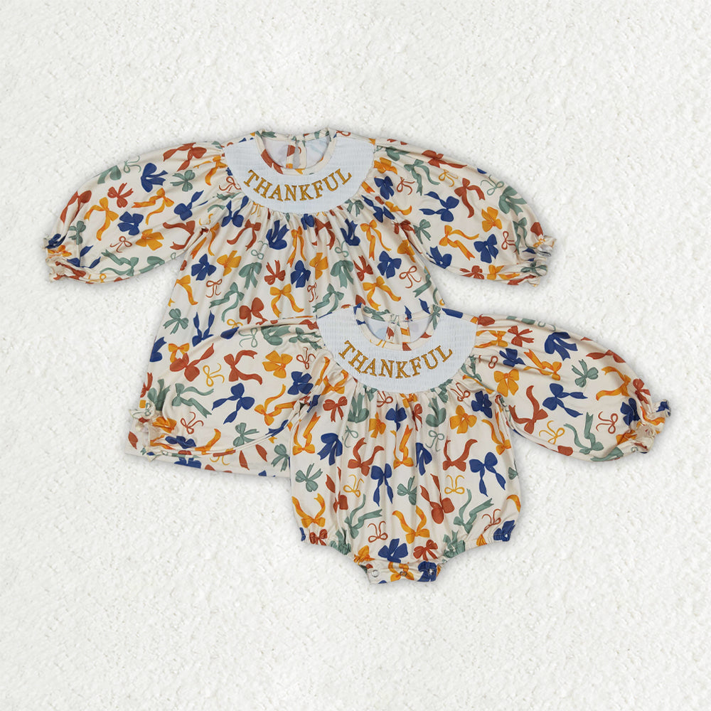 Sibling Kids Girls Embroidery Thankful  Bow Smocked Dressd and Romper