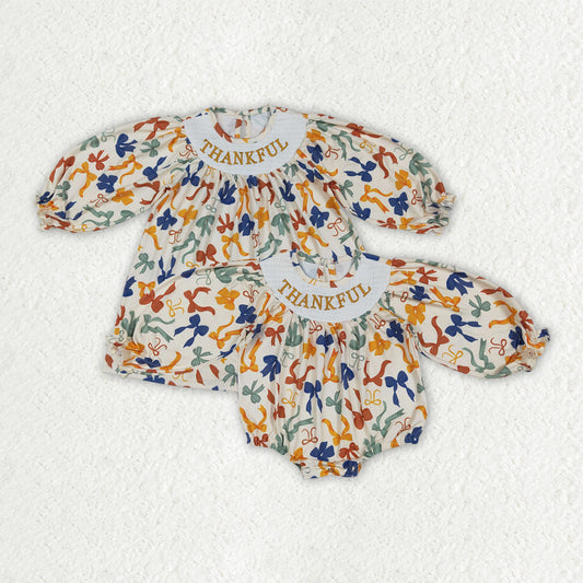 Sibling Kids Girls Embroidery Thankful  Bow Smocked Dressd and Romper