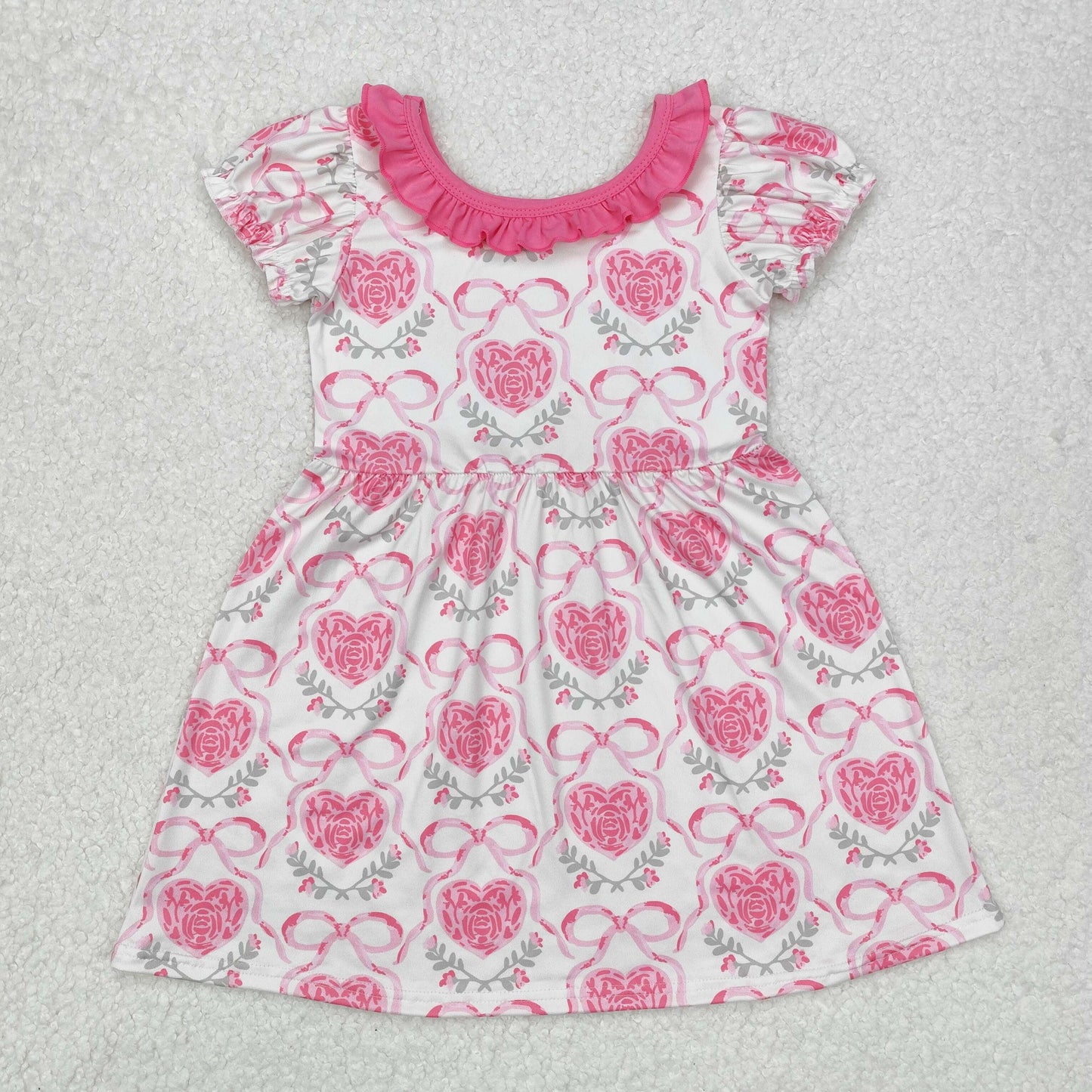 Baby Girls Pink Short Ruffle Sleeves Bows Plaid Flowers Print Valentines Dresses