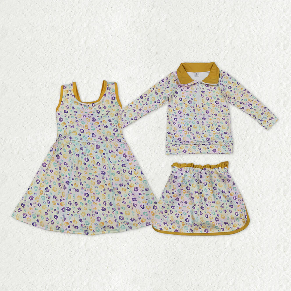 Sibling Baby Girls  Mardi Gras Purple Leopard Print Active Dress and Skirt Set