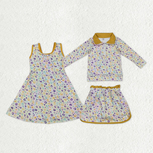 Sibling Baby Girls  Mardi Gras Purple Leopard Print Active Dress and Skirt Set