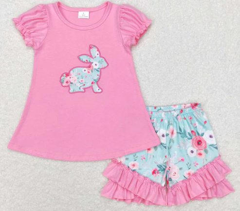 Baby Girls Pink Short Ruffle Sleeves Embroidery Bunny Top Floral Shorts Easter Set