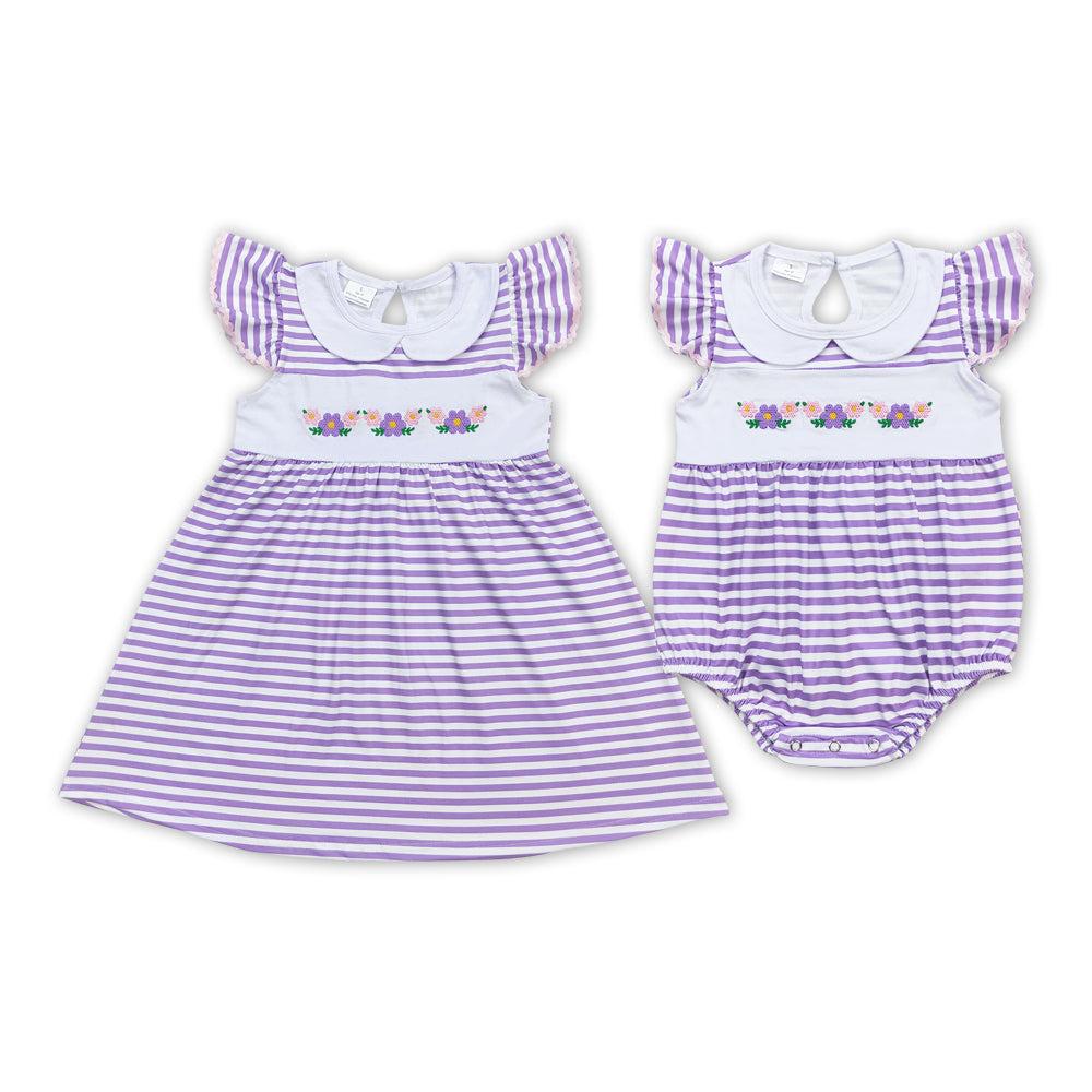 Sibling Sister Baby Girls Summer Embroidery Flower Purple Striped Dress and Romper