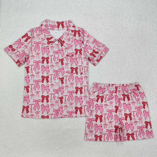 Adult Women Pink Short Sleeves Button Down Bows Top Shorts Pajamas Set