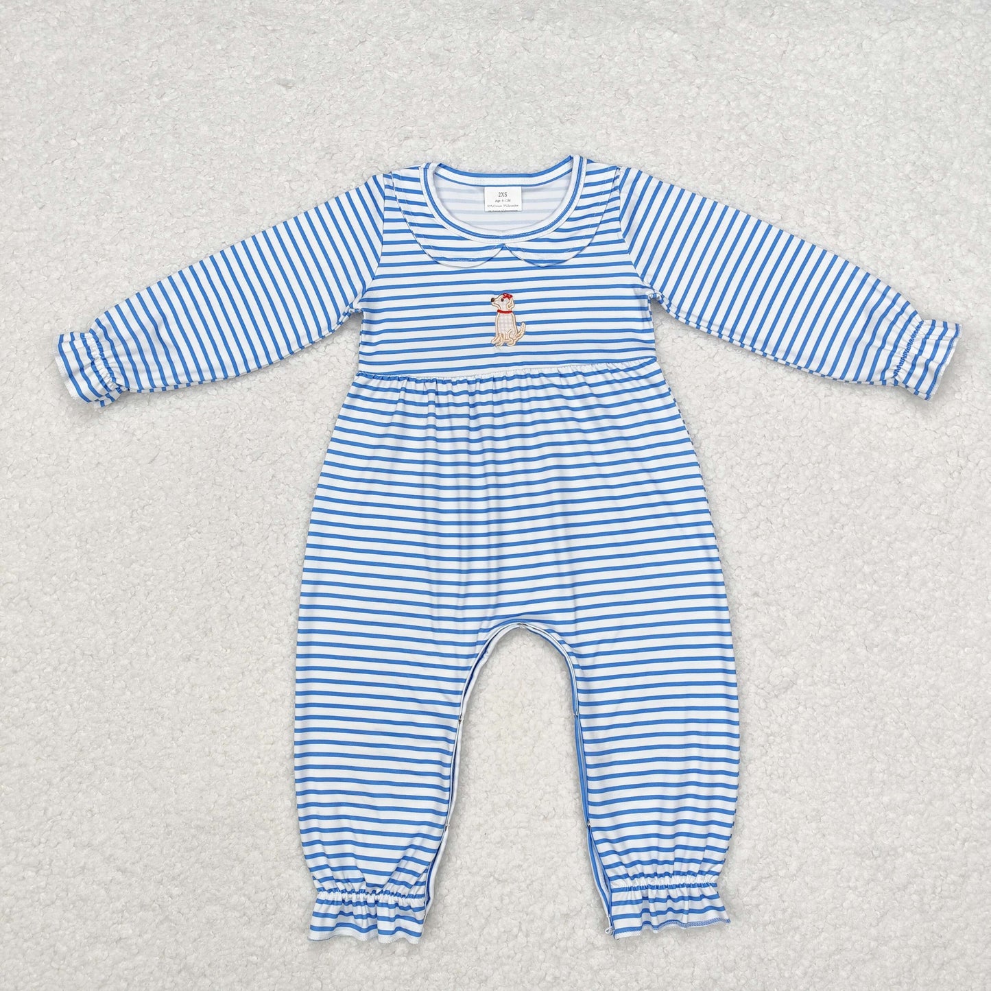 LR1448 Baby Girls Dog Blue Striped Long Sleeve Embroidery Romper