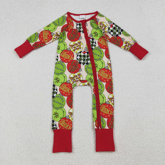 LR2658 Baby Boys Christmas Green Face Long Sleeve Zipper Romper