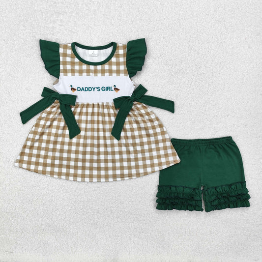 Baby Girls Green Flutter Sleeves Embroidery DADDYS GIRL Plaid Tunic Ruffle Shorts Set