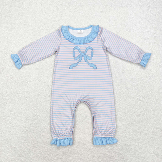 Baby Girls Blue Bow Pink Striped Long Sleeve Romper