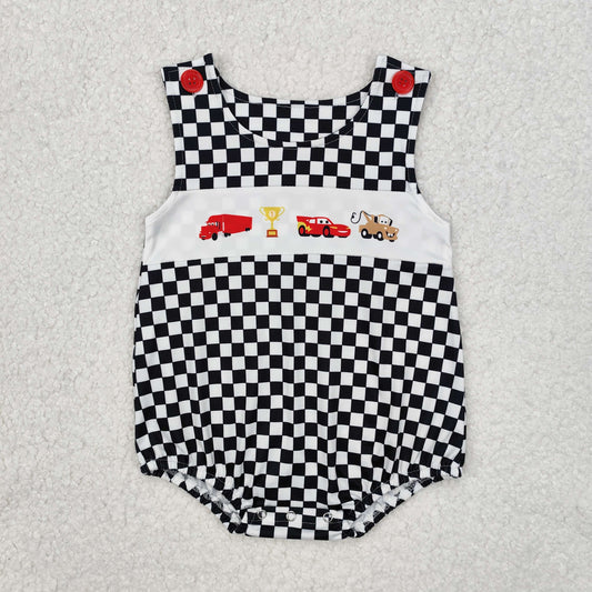 Baby Boys Romper Sleeveless Black Plaid Cartoon Cars Print