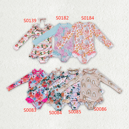 S0083 Kids Girls Long Sleeve Flower Swimsuit