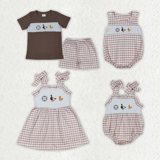 Sibling Baby Kids Khaki Plaid Embroidery Duck Top Set Dress And Rompers