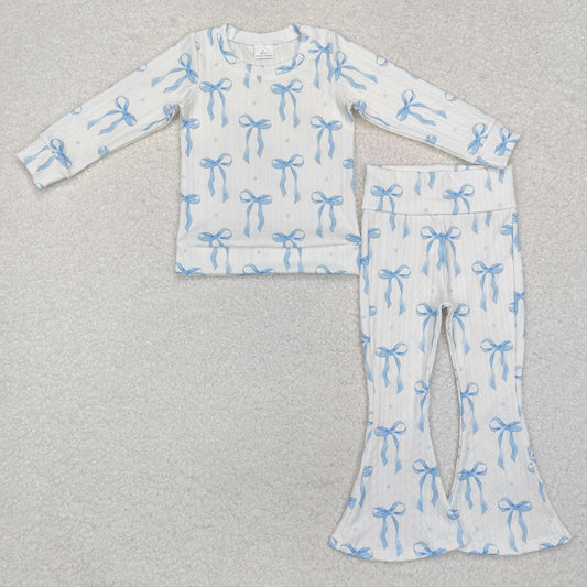 Baby Girls Blue Bows Top Bell Bottom Pant Suit By Cable Knit Fabric