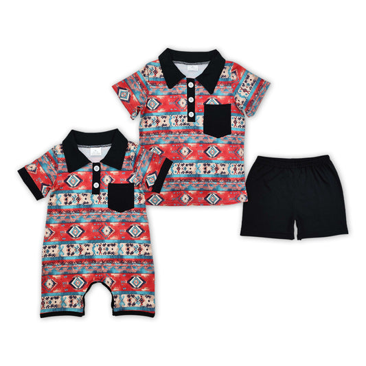 Sibling Baby Boys Aztec Print Button Down Pocket Black Short Set And Rompers