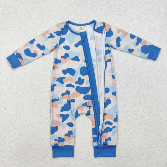 Baby Boys Blue Camo Long Sleeve Bamboo Zip Romper