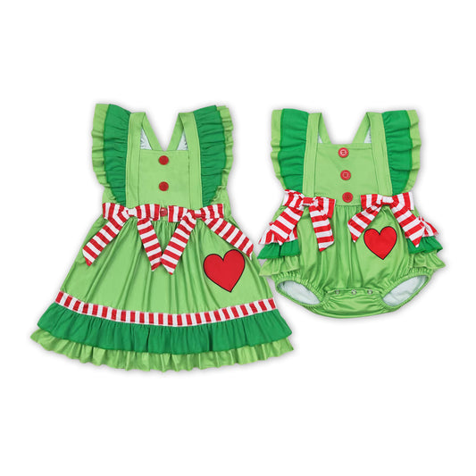 Baby Girls Sibling Christmas Heart Green Colro Dress and Bubble