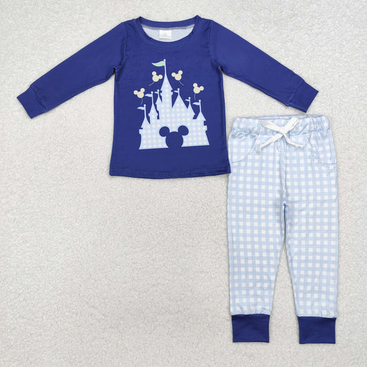 Toddler Boys Classical Mouse Castle Blue Gingham Pants Outfit