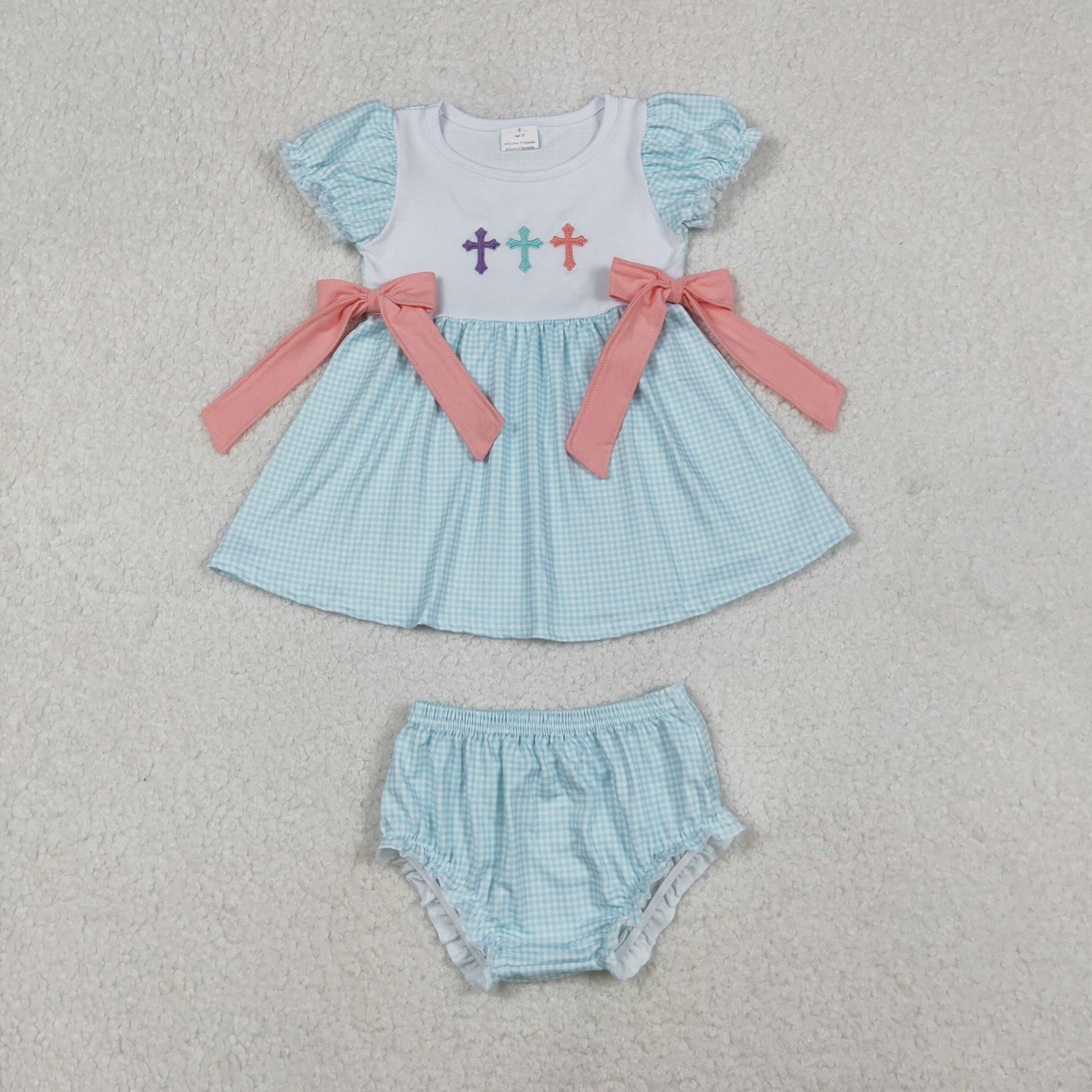 SIbling Girls Easter Embroidery Cross Clothes With Bow