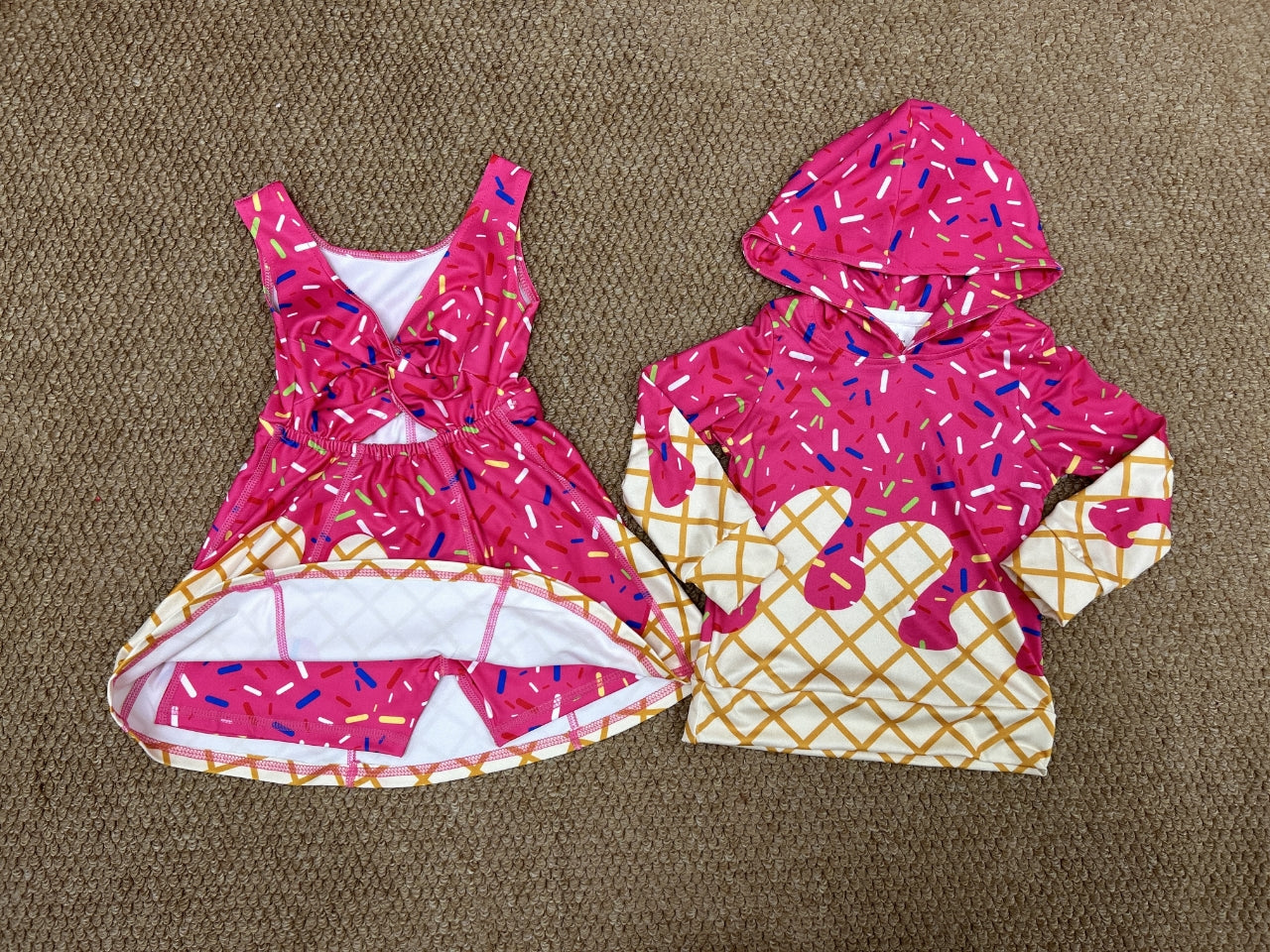 Sibling Baby Dark Hot Pink Color Ice Cream Drip Hoodie Top and Active Dress