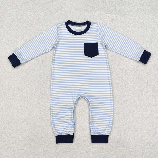 LR1805 Newborn Baby Boys Blue Striped Long Sleeve Romper