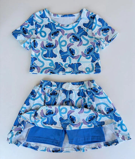 Preorder (moq 5)Baby Girls Blue   Cartoon Top Skort Clothes Sets