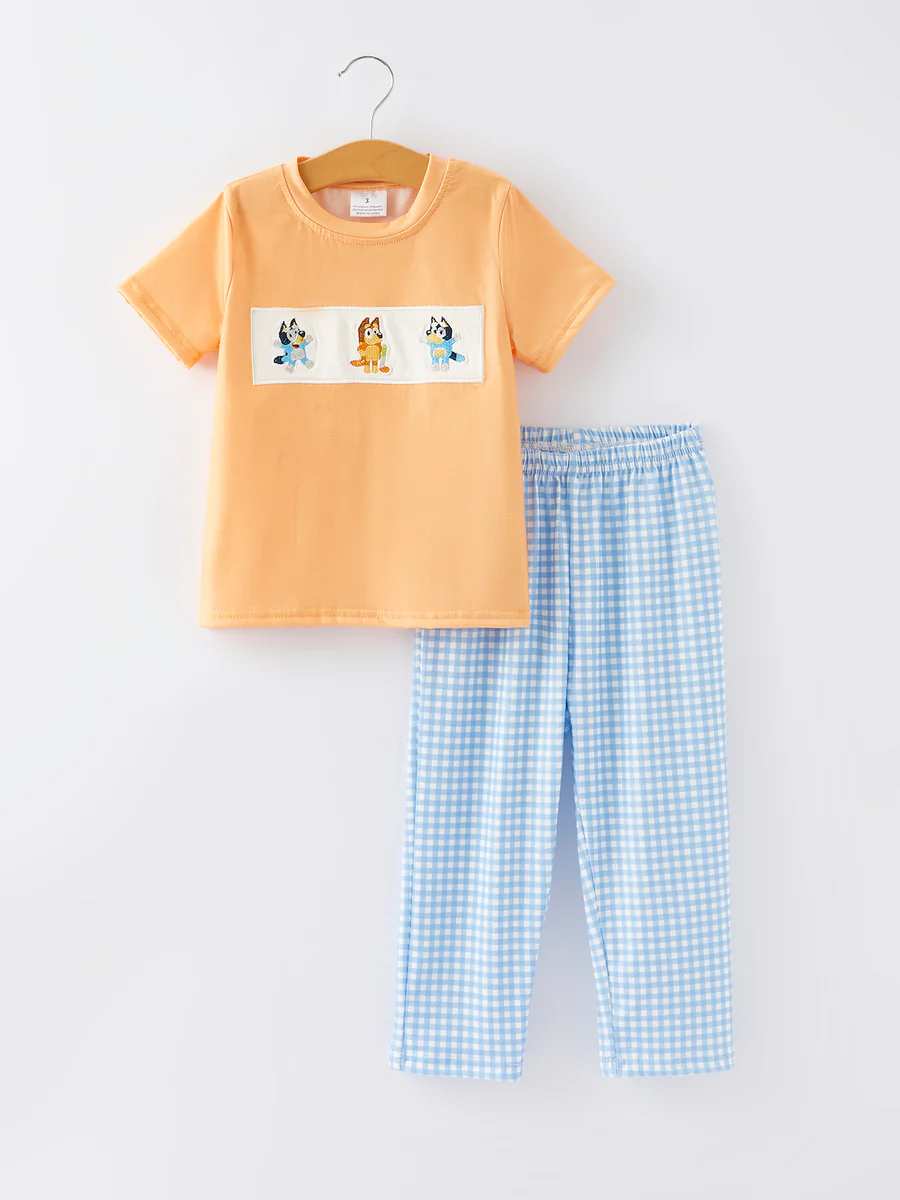 Baby Boys Cartoon Dog Blue Gingham pants  set Preorder 5 MOQ