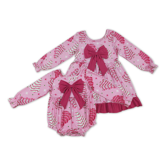 Sibling Baby Girls Christmas Tree Cake Pink Long Sleeve Dress /Romper