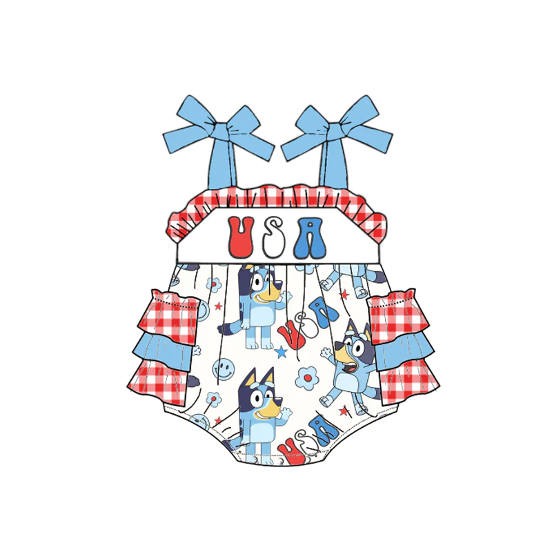 (5MOQ)  Baby Girls USA July 4th Cartoon Dog Romper Pre-order