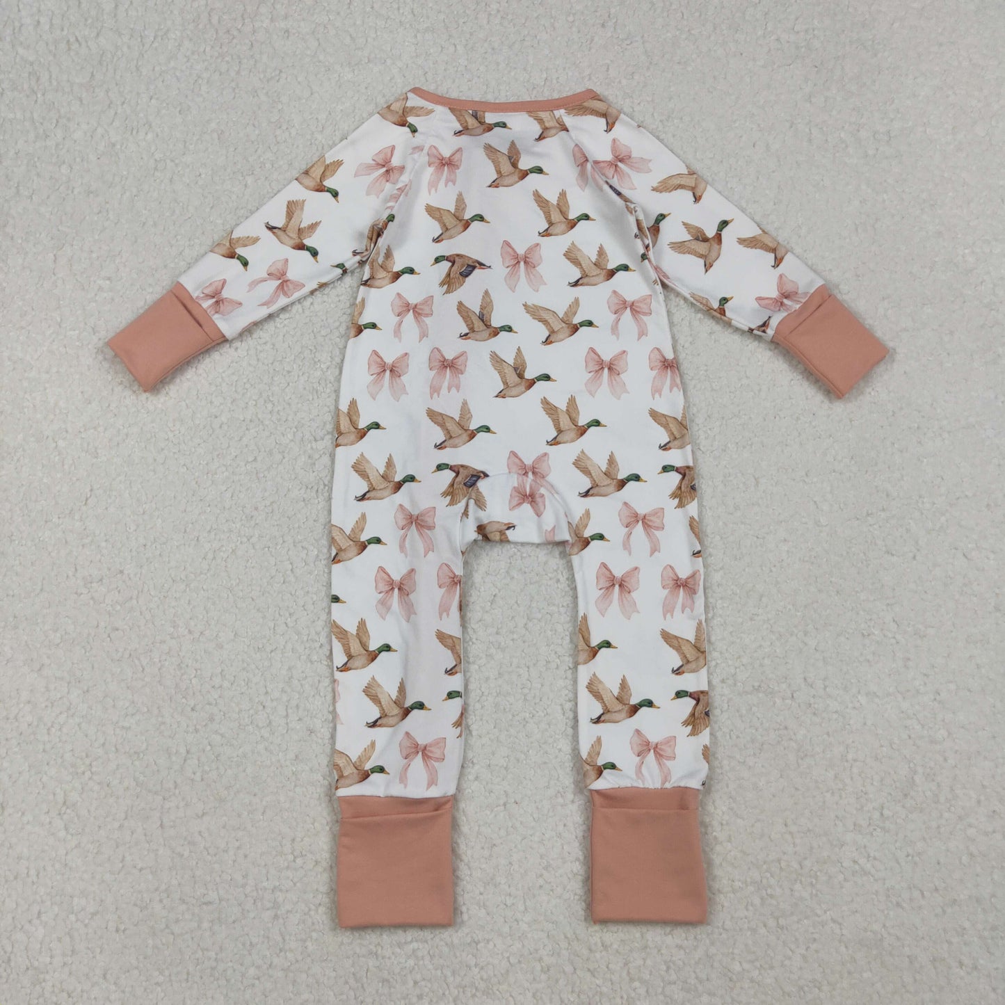 Baby Girls Mallard Pink Bow Long Sleeve Zip Romper
