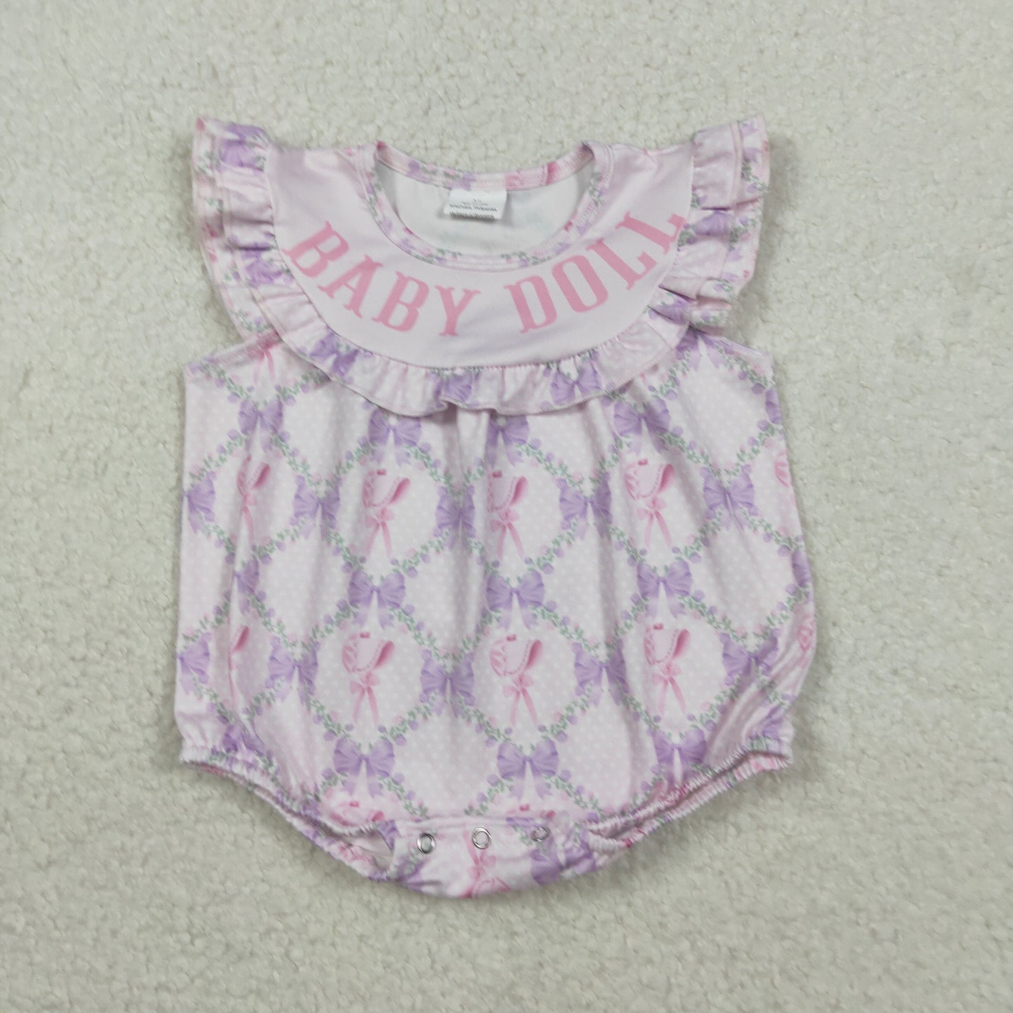 SR3292 Baby Doll Purple Bow Flutter Sleeve Bubble Romper