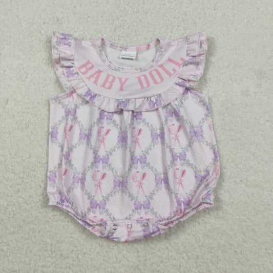 SR3292 Baby Doll Purple Bow Flutter Sleeve Bubble Romper