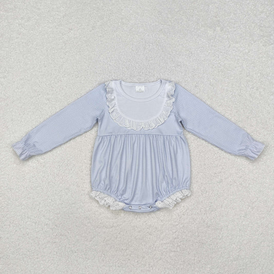 LR0986 Newborn Baby Girls Blue Gingham Long Sleeve Romper With Lace Ruffle