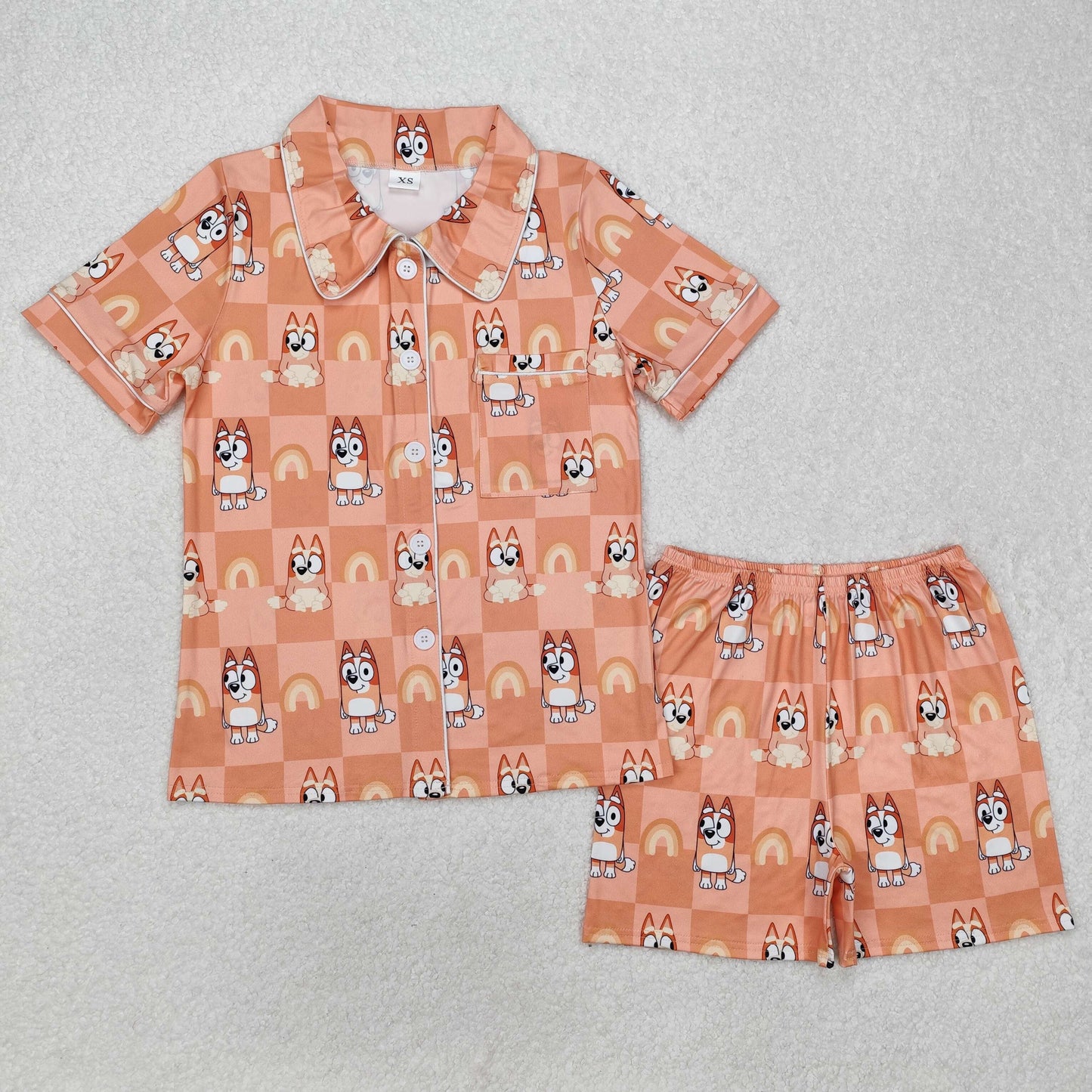 Sibling Mama And Me Peach Plaid Short Sleeves Button Down Cartoon Blue Dogs Top Shorts Pajamas Set