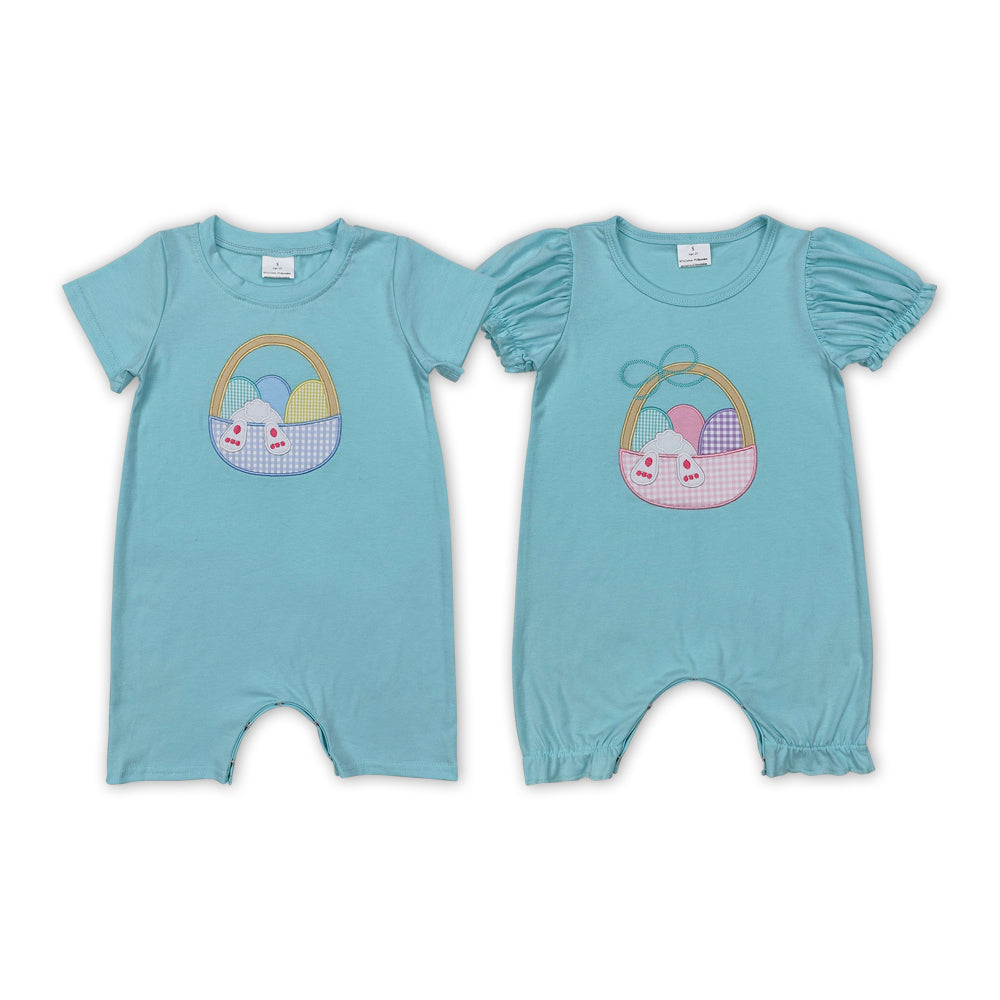 Sibling Baby Kids Short Sleeves Embroidery Eggs Bunny Easter Rompers