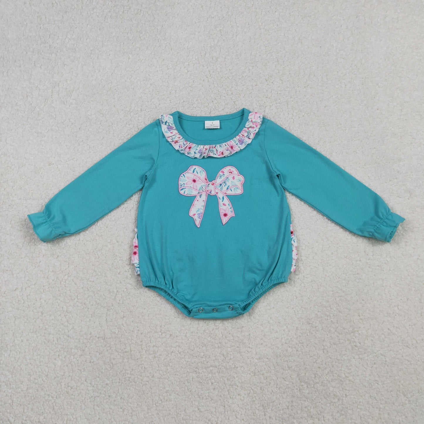 LR2432 Baby Girls Floral Bow Long Sleeve Bubble Romper With Ruffle On The Back