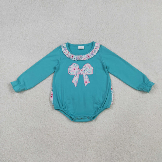 LR2432 Baby Girls Floral Bow Long Sleeve Bubble Romper With Ruffle On The Back