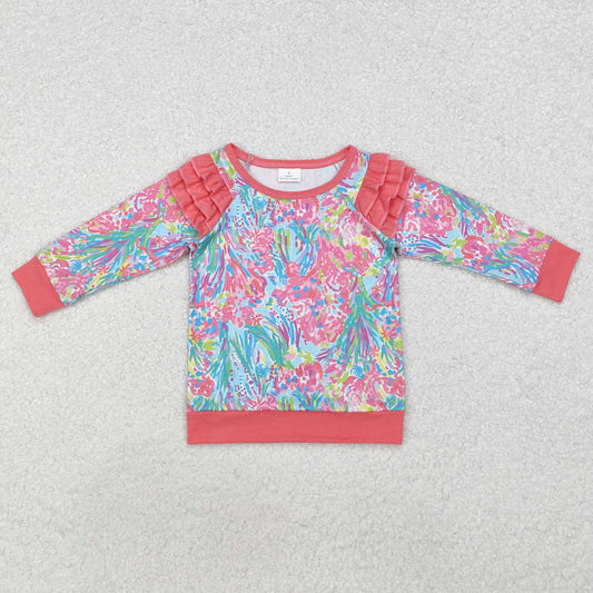 Toddler Baby Girls Floral Coral Top With Ruffle