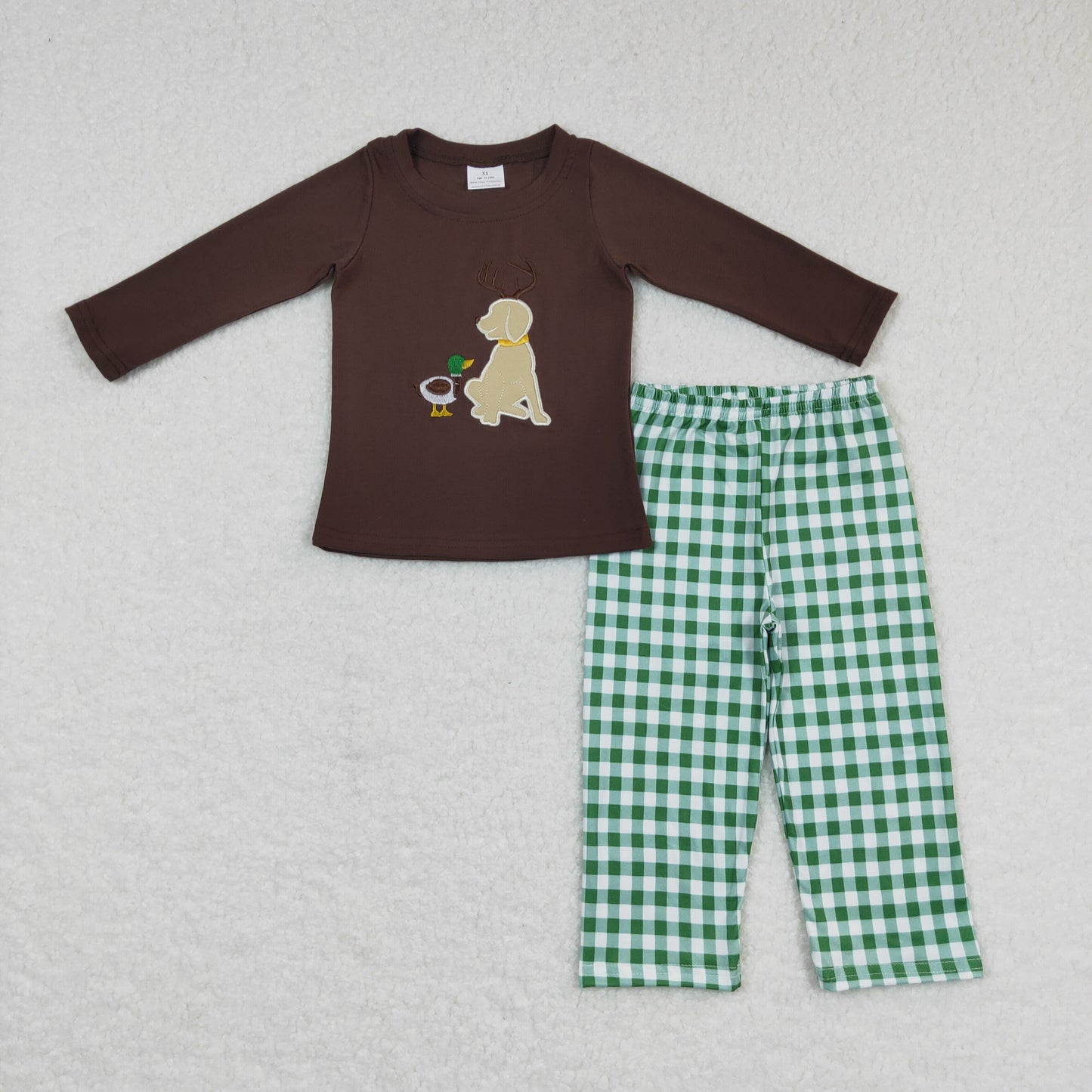 Baby Boys Brown Long Sleeves Embroidery Duck Dog Top Green Plaid Pant Set