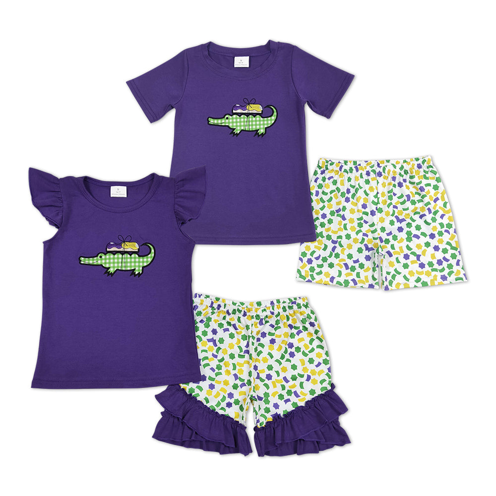 Sibling Baby Kids Purple Short Sleeves Embroidery Crocodile Top Plaid Shorts Mardi Gras Set