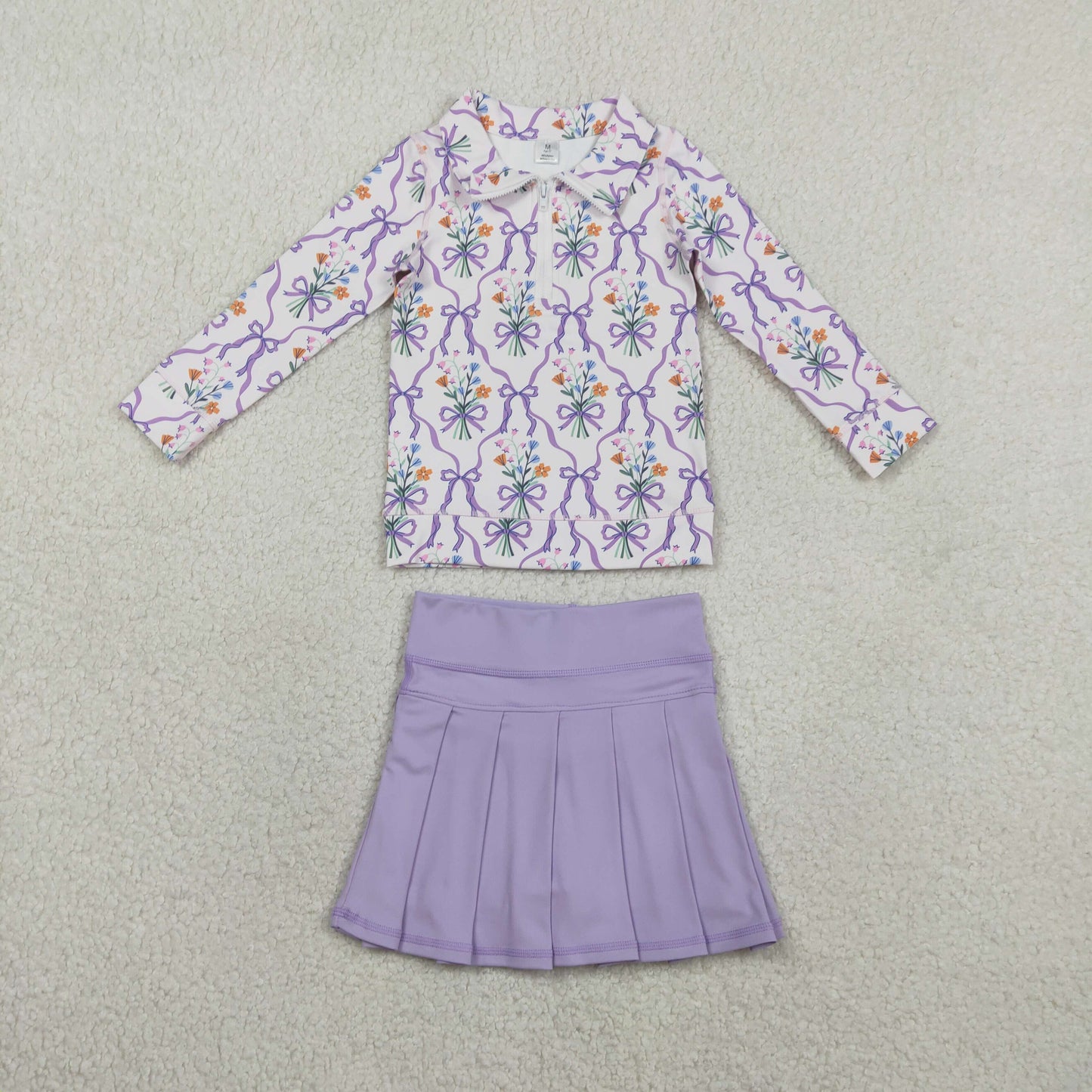 GLD1416 Baby Girls Purple Bow Pullover With Skort Active Set