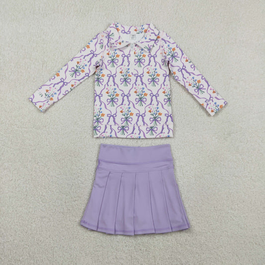 GLD1416 Baby Girls Purple Bow Pullover With Skort Active Set