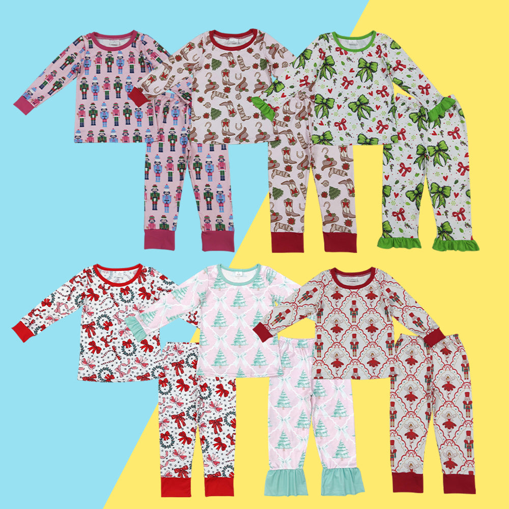 Sibling Baby Girls Christmas Tree Bow Long Sleeve Pajama Set