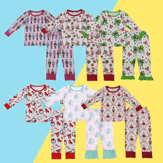 Sibling Baby Girls Christmas Tree Bow Long Sleeve Pajama Set