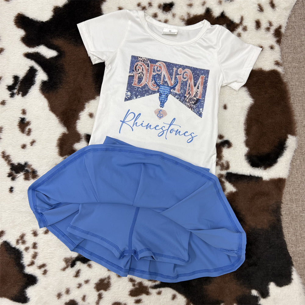 Sibling Girls Summer Wear Western Print Short Sleeve White T-shirt Top Pleated Skirt Boutique Outfit