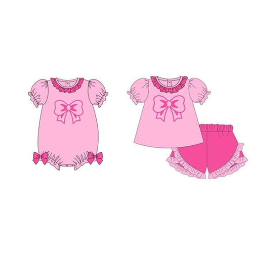 Slibling Baby Girls Sister Hot Pink Bow Shorts Set and Romper Preorder