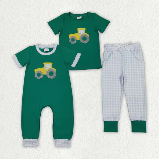 Sibling  Baby Boys Embroidery Fram Tractors Jogger Set /Romper