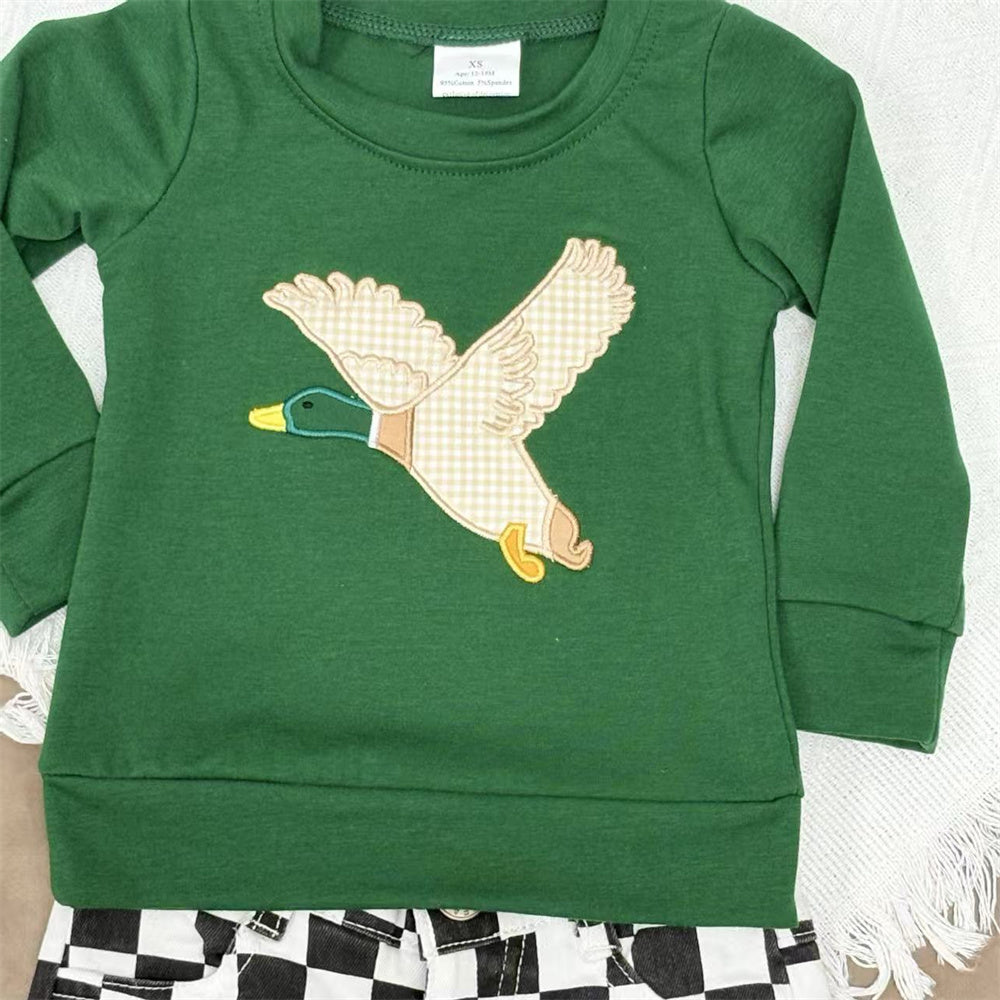 Baby Boys Applique Mallard Duck Green Top With Black Checked Denim Pants