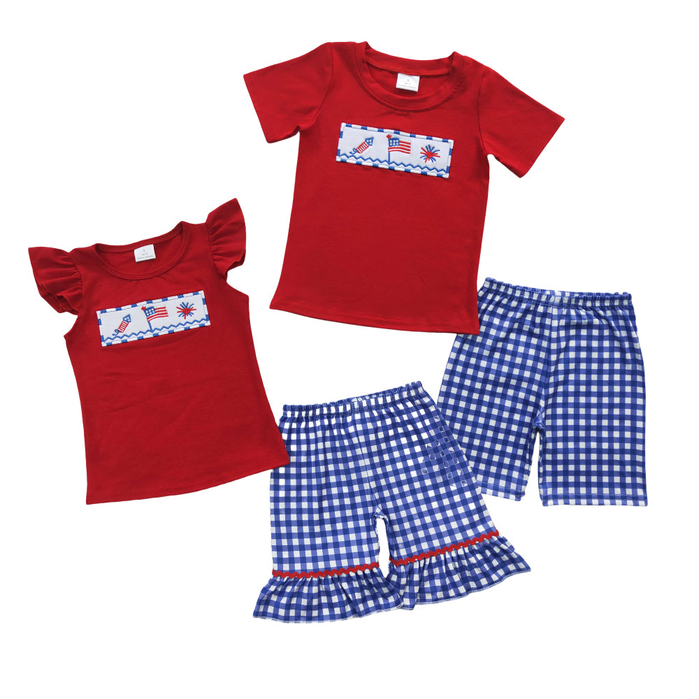 July 4th Sibling Embroidery Firework Flag Red Top Shorts Outfit