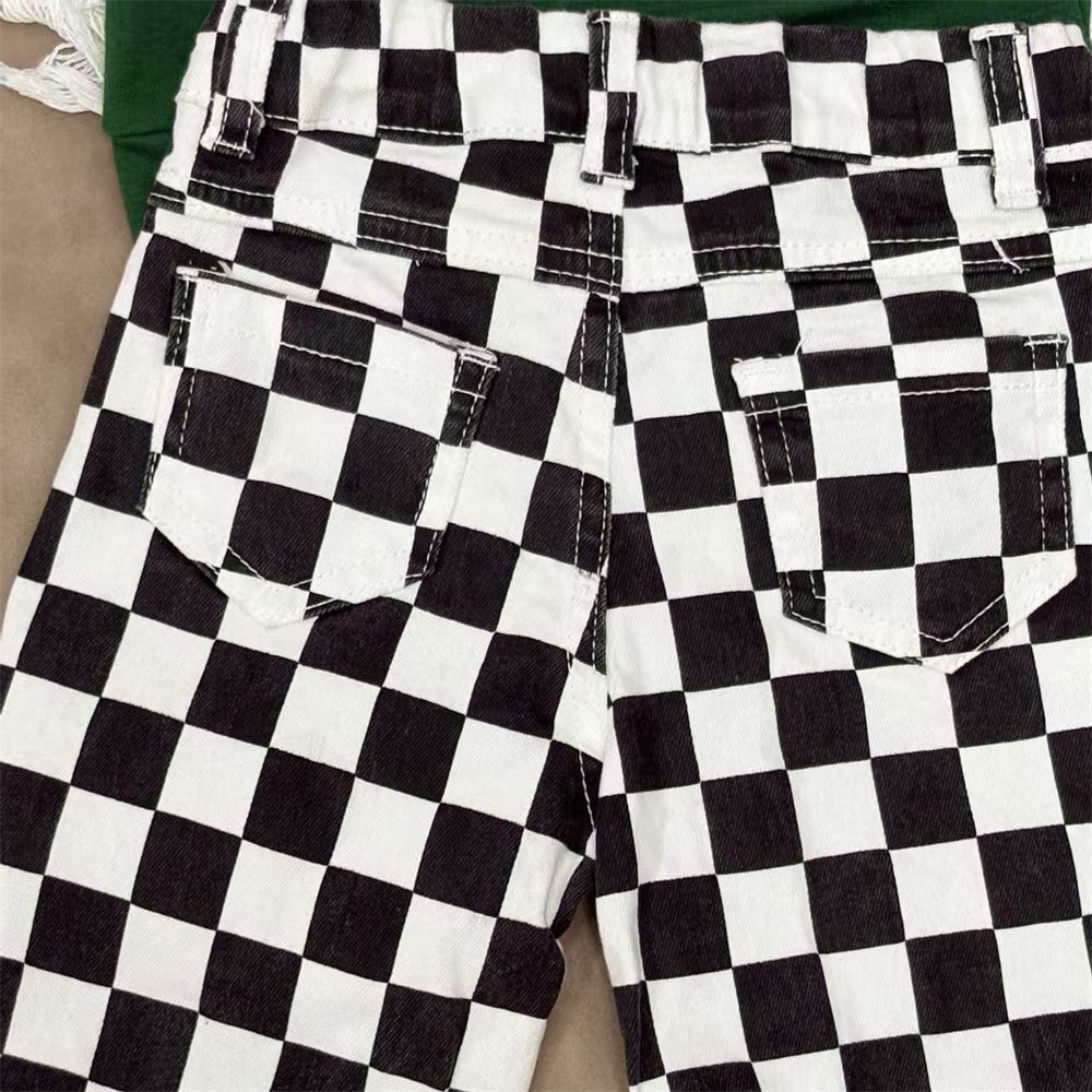 Baby Boys Applique Mallard Duck Green Top With Black Checked Denim Pants