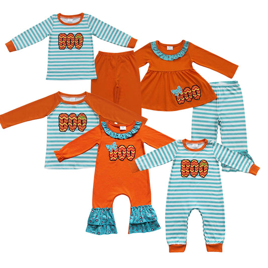 Sibling Girls Boys Halloween Embroidery Boo Long Sleeve Set and Romper